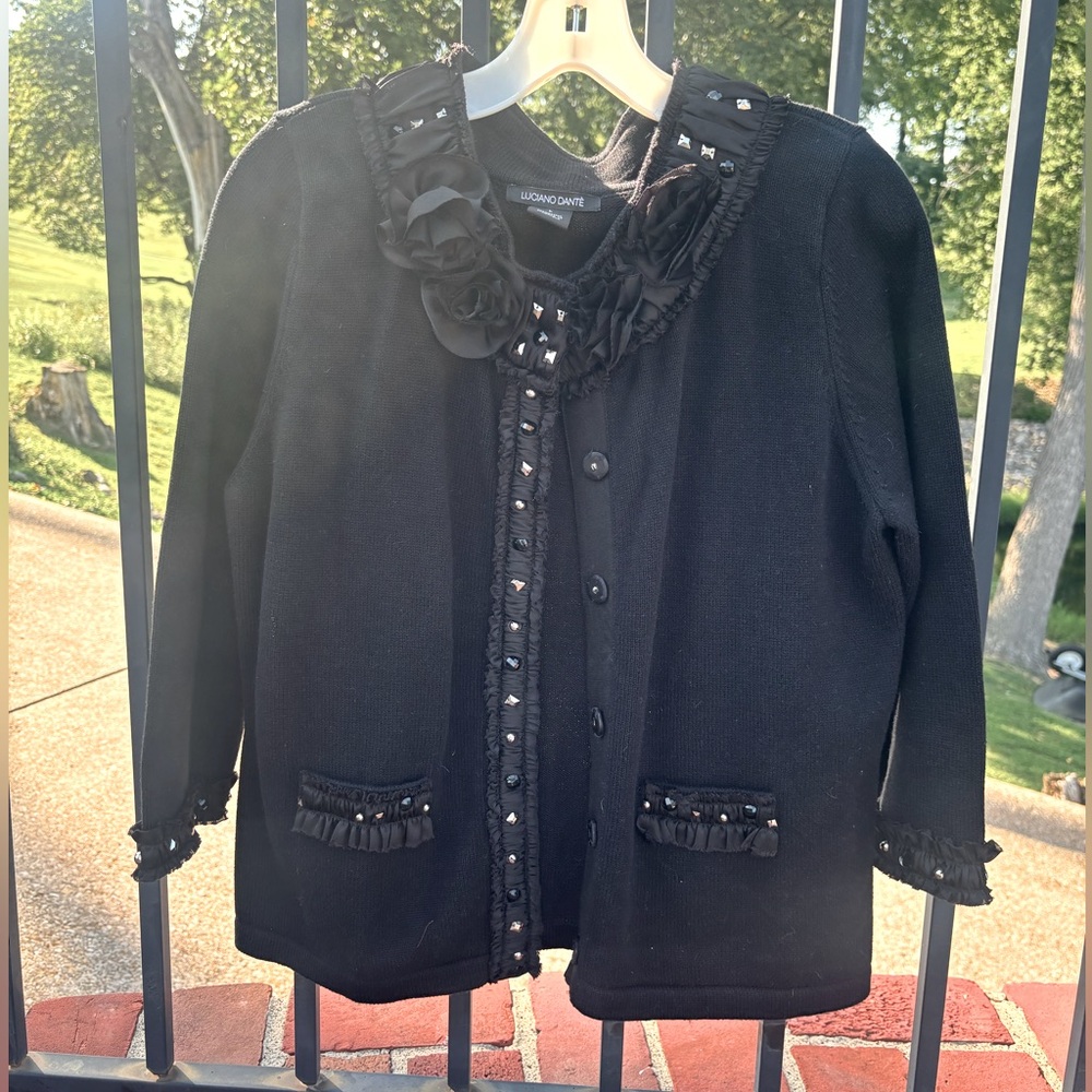 Black collared jeweled cardigan by the brand Luciano Dante